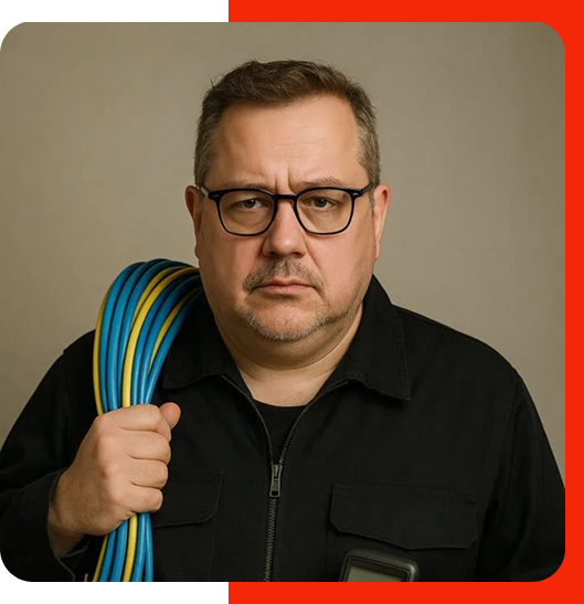 Elektriker med blå och gula kablar i studio