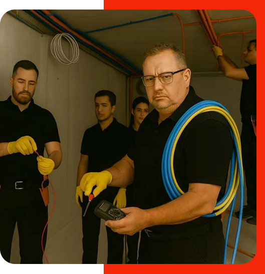 Fem elektriker arbetar med kabeldragning i vit lokal